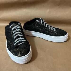 P448 | Clara Crackled Metallic Open Back Platform Sneakers Fur Lined Trim Size 7